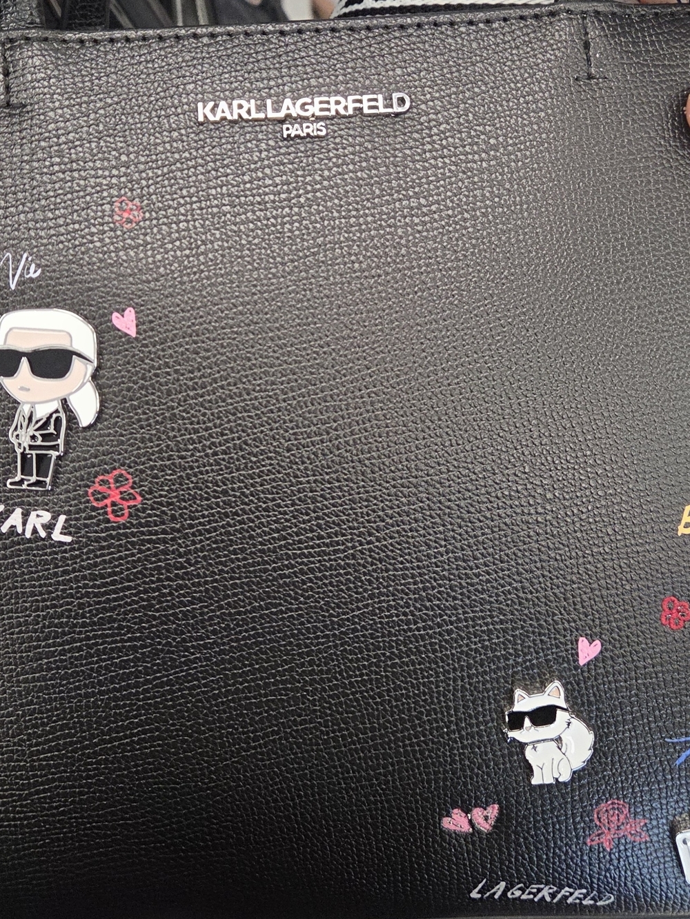 Karl Lagerfeld Black Textured Tote with Pink and Red Accents